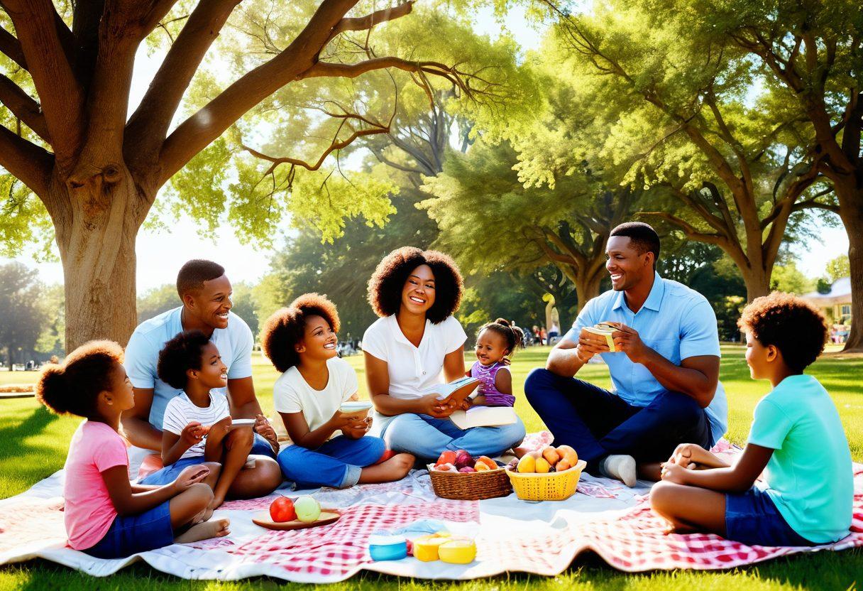 A heartwarming scene of a diverse family playing together in a bright, sunlit park, with children laughing, climbing trees, and riding bicycles. Include playful elements like a picnic blanket with healthy snacks and books, showcasing parental engagement and nurturing. The background should feature colorful flowers and a blue sky, radiating joy and vitality. super-realistic. vibrant colors. white background.