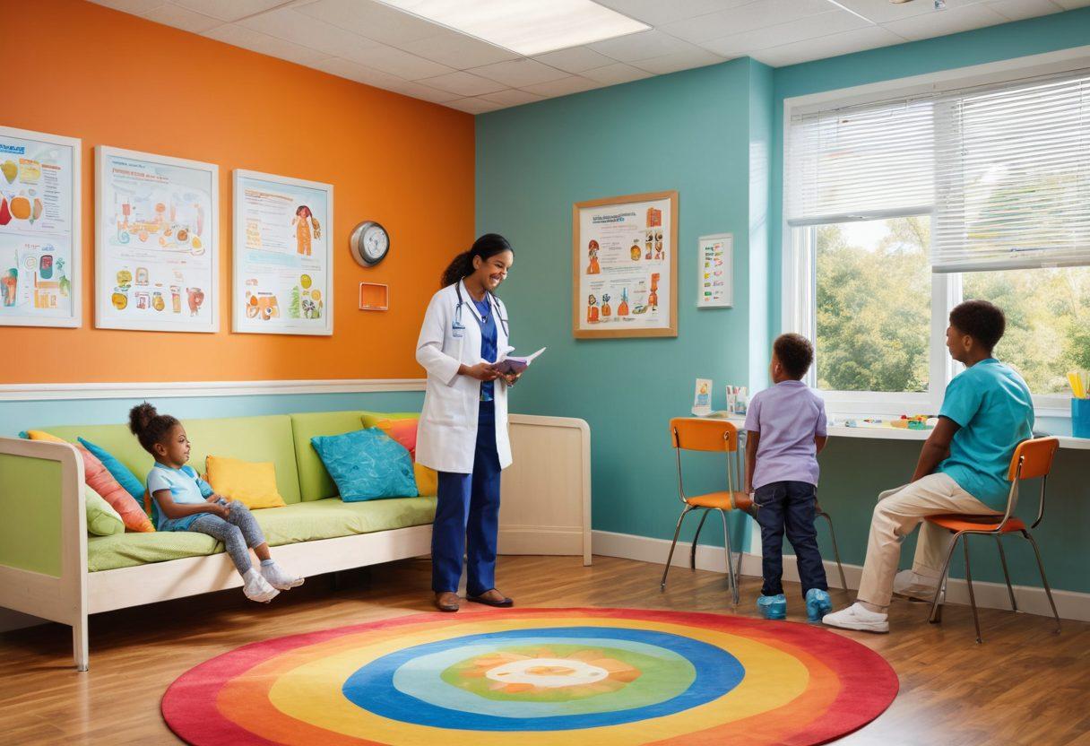 A serene scene depicting a diverse group of pediatric specialists consulting with children and their parents in a bright, welcoming clinic. The environment should feature colorful educational posters about child development on the walls, with engaging toys scattered around. Include elements like a stethoscope, a growth chart, and a smiling child playing with a doctor’s kit. Use a warm and inviting color palette to convey a sense of trust and care. super-realistic. vibrant colors.