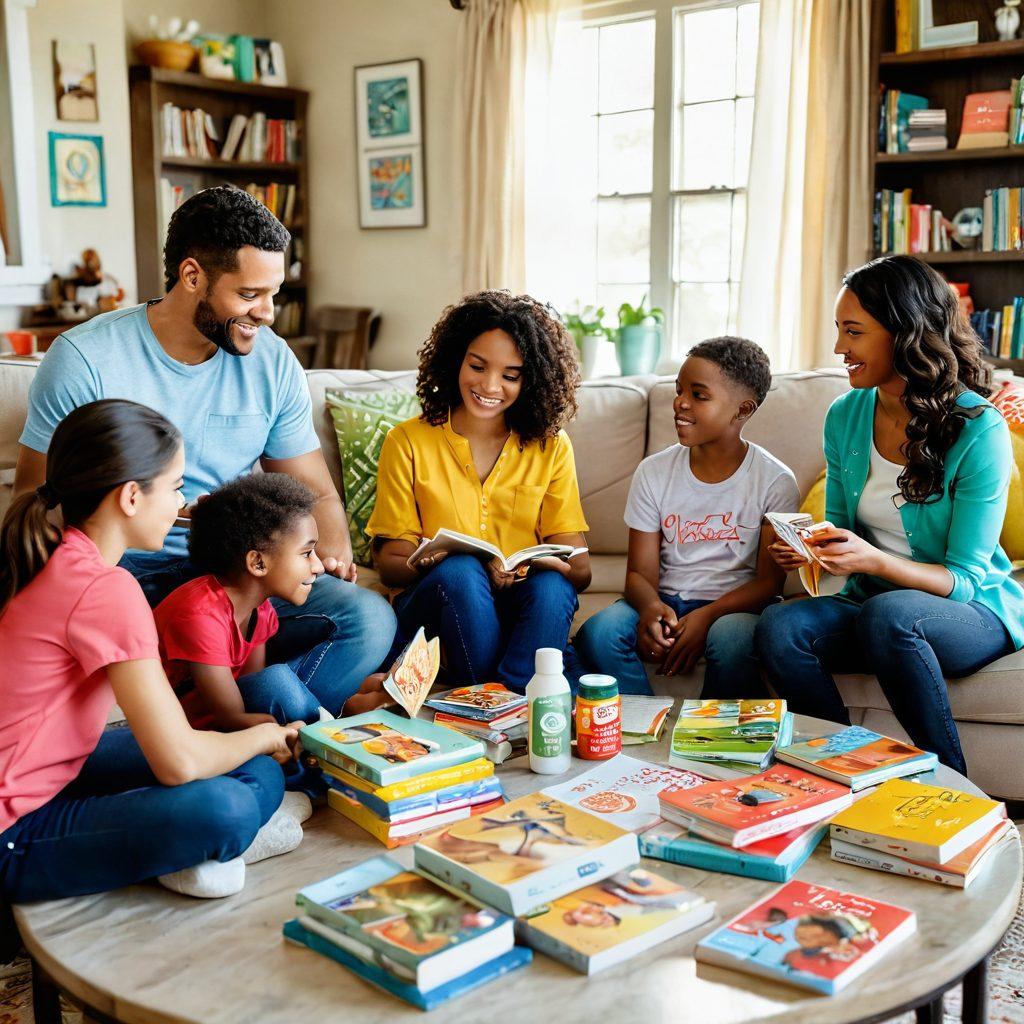 A cozy Texan family in a sunlit living room, surrounded by colorful children's books and health resources, discussing pediatric health tips. Include elements like healthy snacks on a table and a child-friendly first aid kit in the background, evoking warmth and care. Capture the essence of family wellness and support, with a soft color palette. super-realistic. vibrant colors. natural lighting.